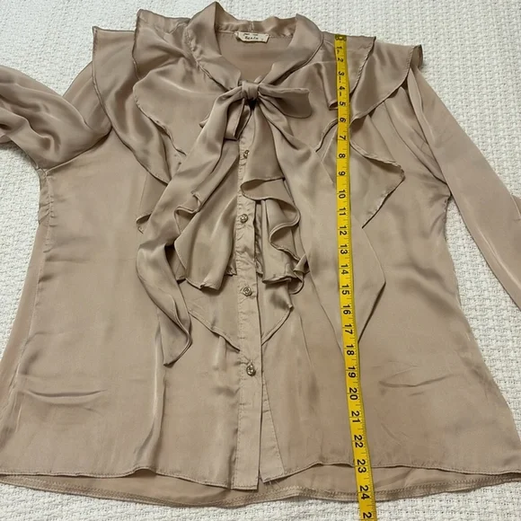 VINTAGE BERIN satin blouse top button front ruffle layers neck ties taupe large - Picture 13 of 13